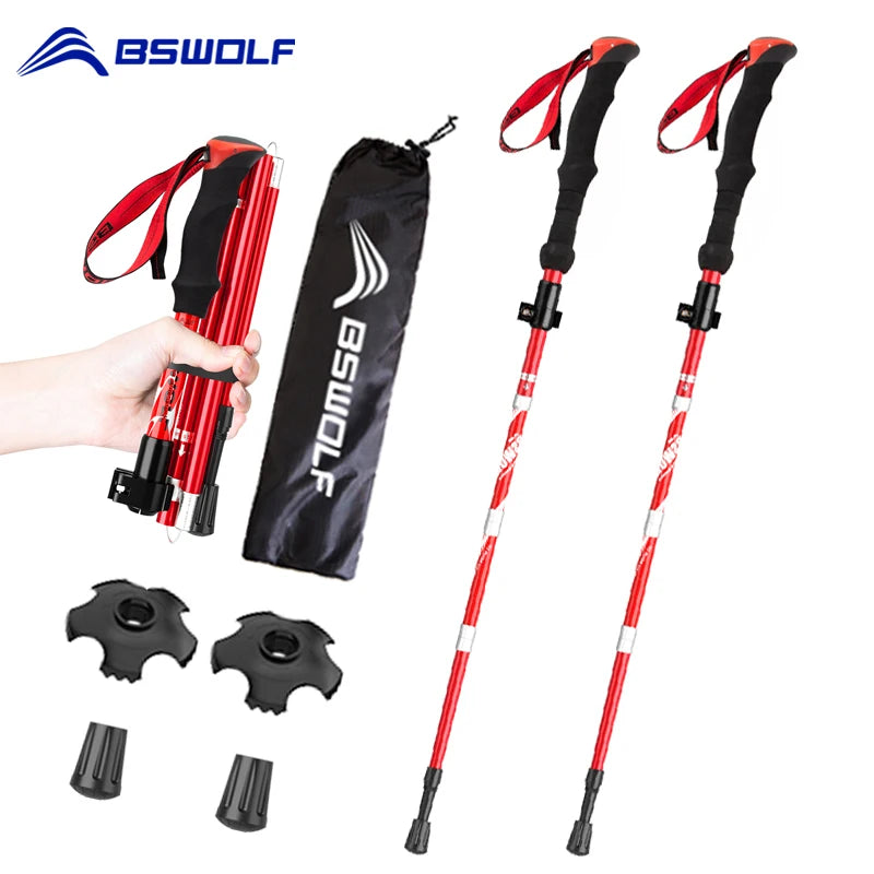 BSWOLF 2Pcs Ultralight Folding Trekking Poles | Aluminum Walking Sticks for Hiking & Nordic Walking