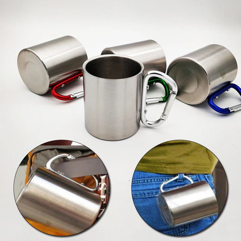 220mL Stainless Steel Camping Cup with Carabiner Handle | Portable Outdoor Travel Mug