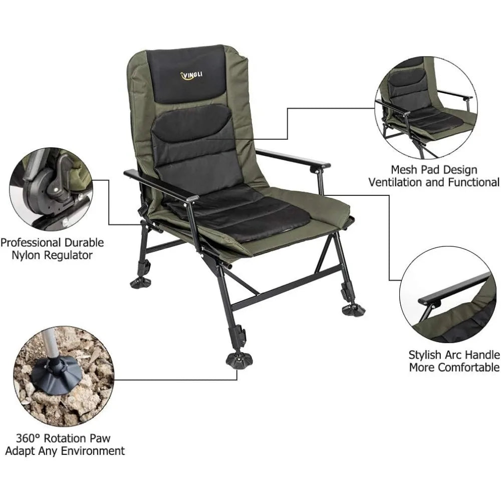 VINGLI Heavy Duty Fishing Chair with Footrest Support 440 LBS, Oversized Camping Chairs with 160° Adjustable High Back