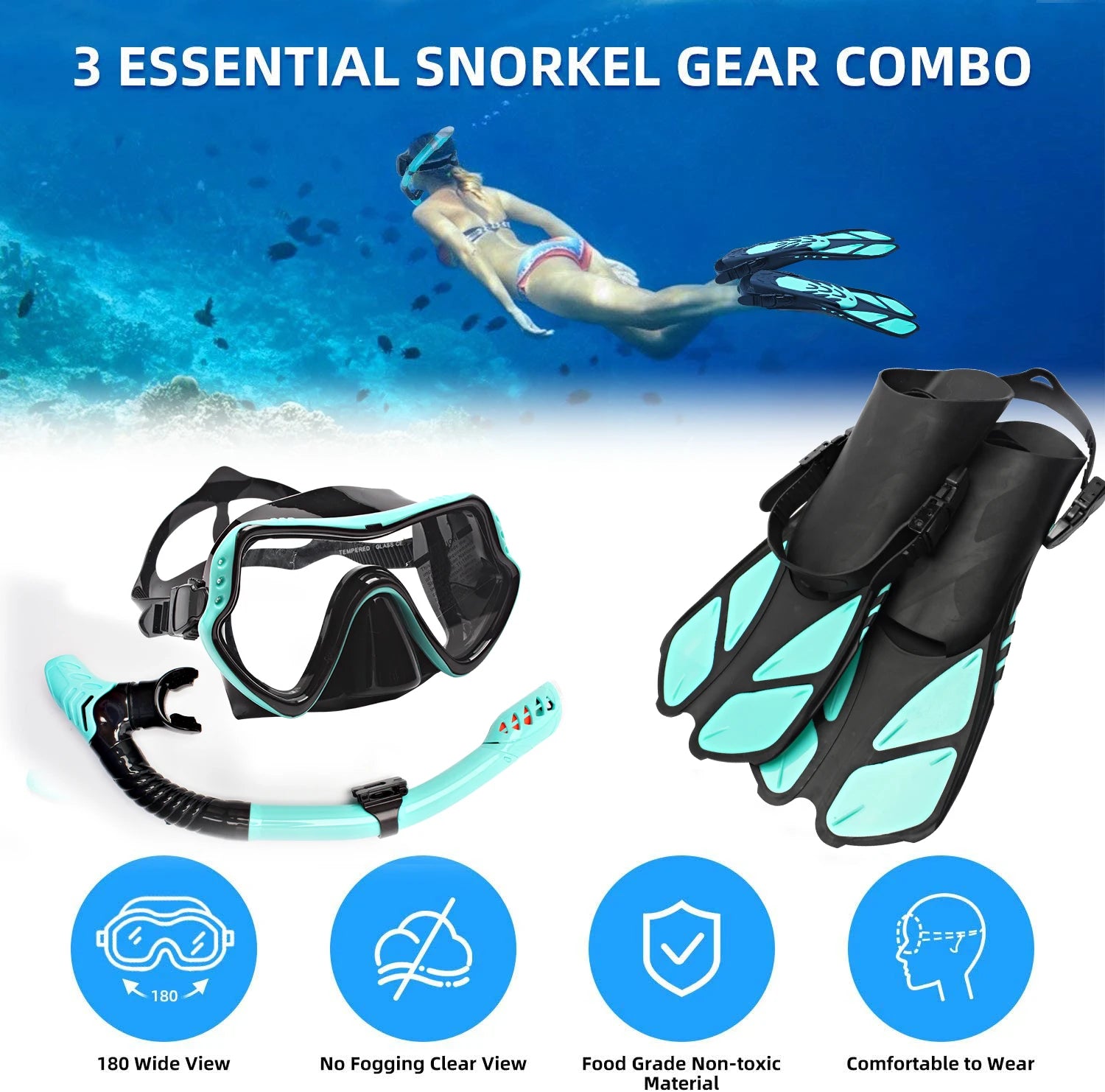 JSJM 1+1+1 Professional Scuba Diving Mask Equipment Diving Glasses HD Anti Fog Scuba Mask Underwater Snorkeling Snorkel Flippers