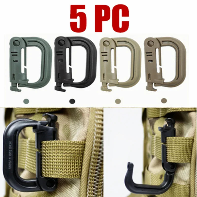 5PC Plastic Shackle Carabiner D-Ring Clip | MOLLE Webbing Buckle for Outdoor Hiking & Camping Gear