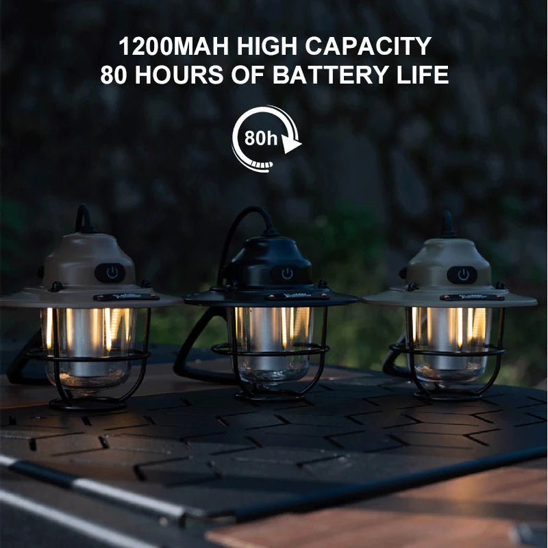 Portable Camping Lanterns Retro Hanging Tent Lamp Waterproof Dimmable Camping Light 1200mAh for Hiking Fishing Emergency Lantern