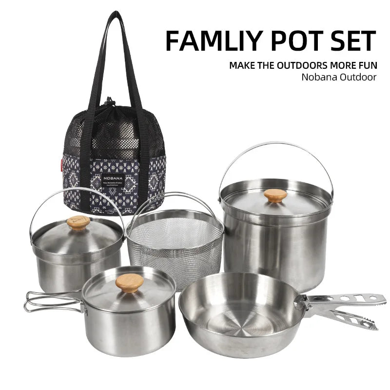 NOBANA Outdoor Stainless Steel Pot Set | 5L Portable Camping, Picnic, and Family Cookware