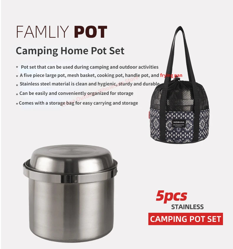 NOBANA Outdoor Stainless Steel Pot Set | 5L Portable Camping, Picnic, and Family Cookware