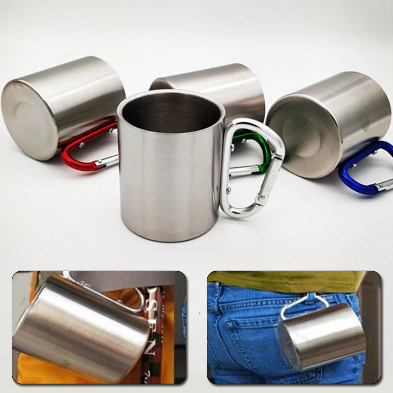 220mL Stainless Steel Camping Cup with Carabiner Handle | Portable Outdoor Travel Mug