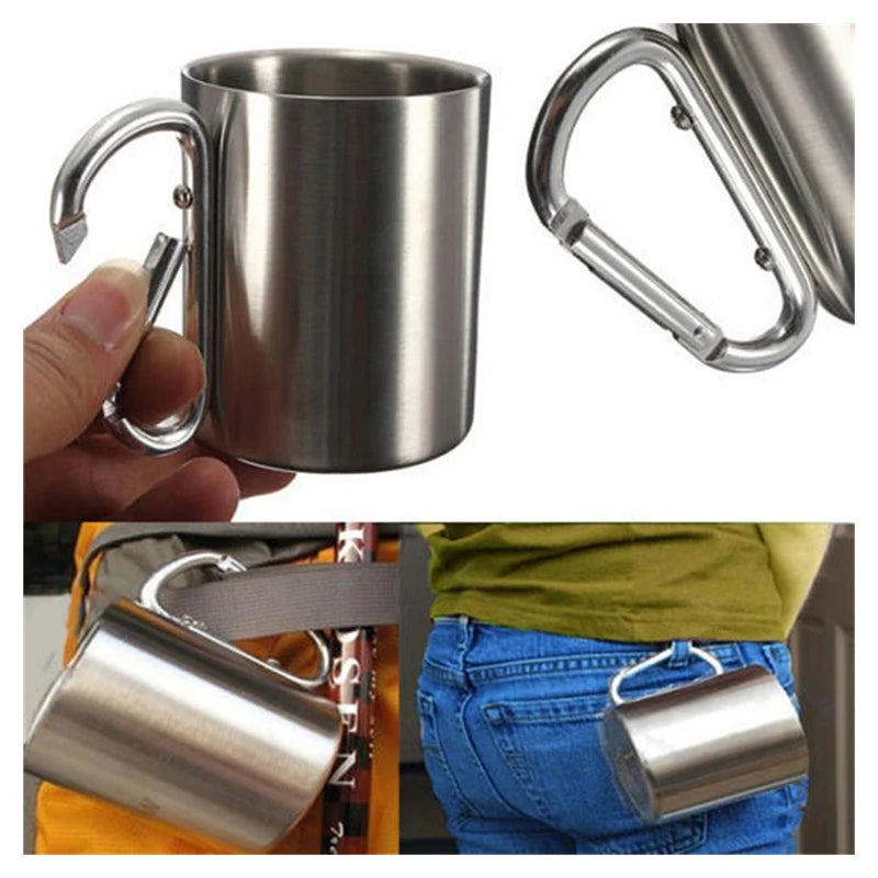 220mL Stainless Steel Camping Cup with Carabiner Handle | Portable Outdoor Travel Mug