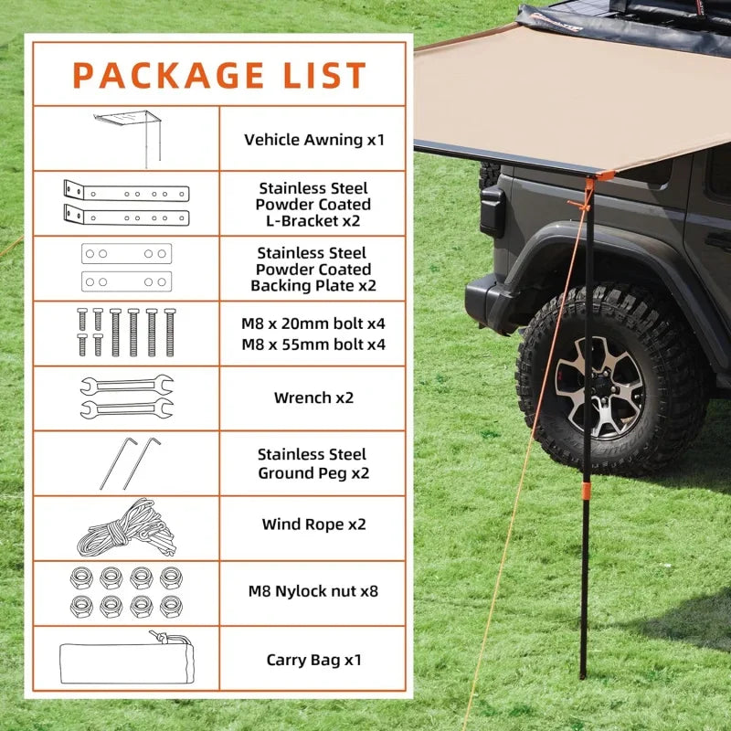 Vehicle Awning 8.2 'x 10' Roof Rack Pull-Out Sun Shade,Weatherproof 4x4 Side Awning for Camping & Overland (Hardware included)